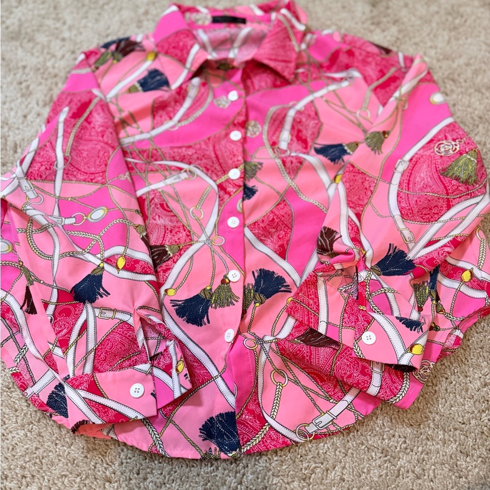 SHEIN Pink and Navy Patterned Button Down Shirt